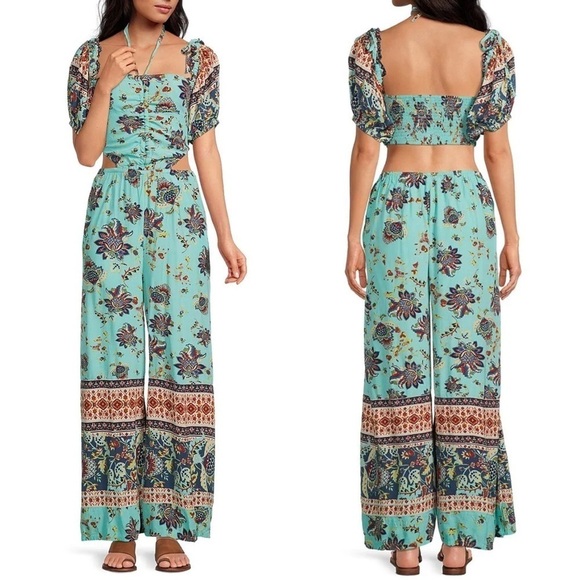 FREE People Blue Bali Citrus Skies Paisley Puff Sleeve Jumpsuit size Small - Picture 2 of 11